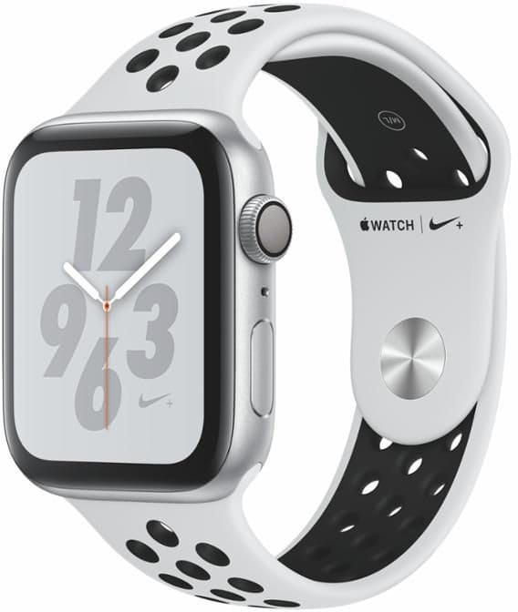 Hodinky Apple Watch + Series 4 GPS, 44mm Silver Aluminium Case with Pure Platinum/Black Sport Band